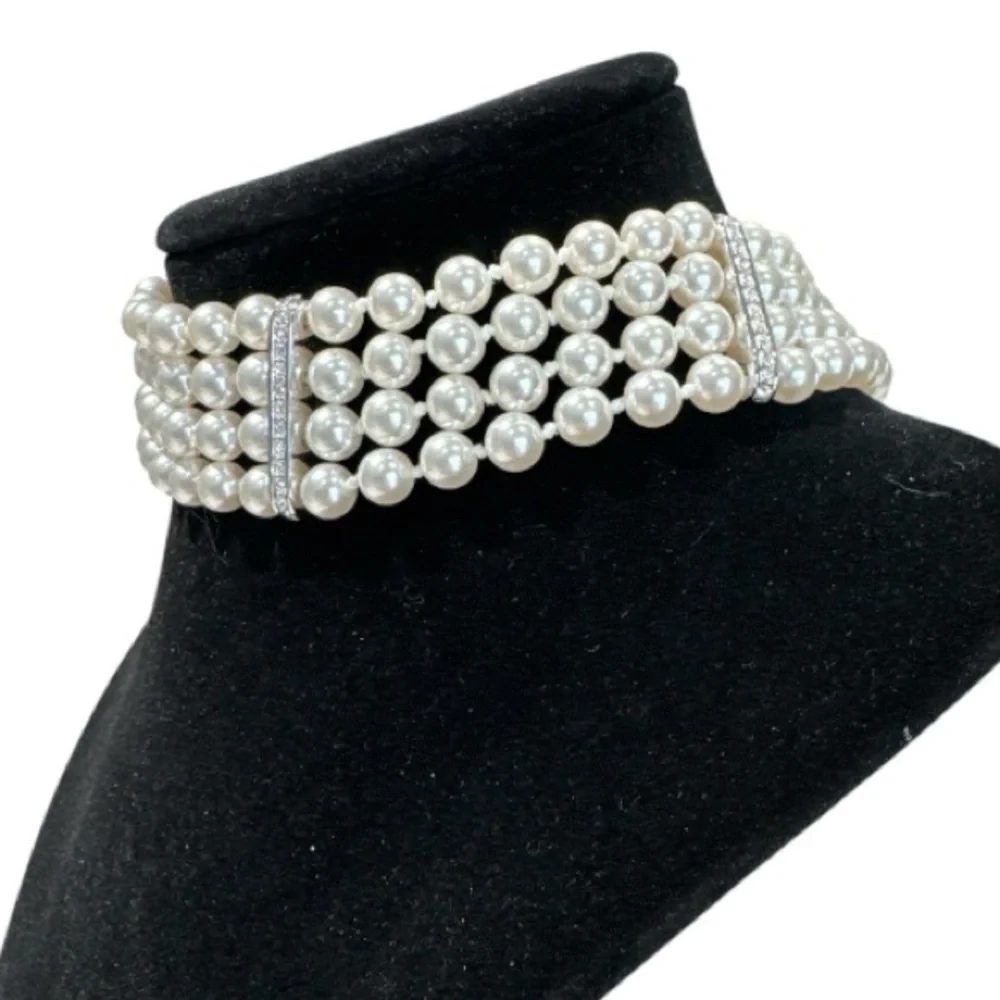 Swarovski Crystal & Faux Pearl Choker 4 Strand Necklace - Picture 4 of 6